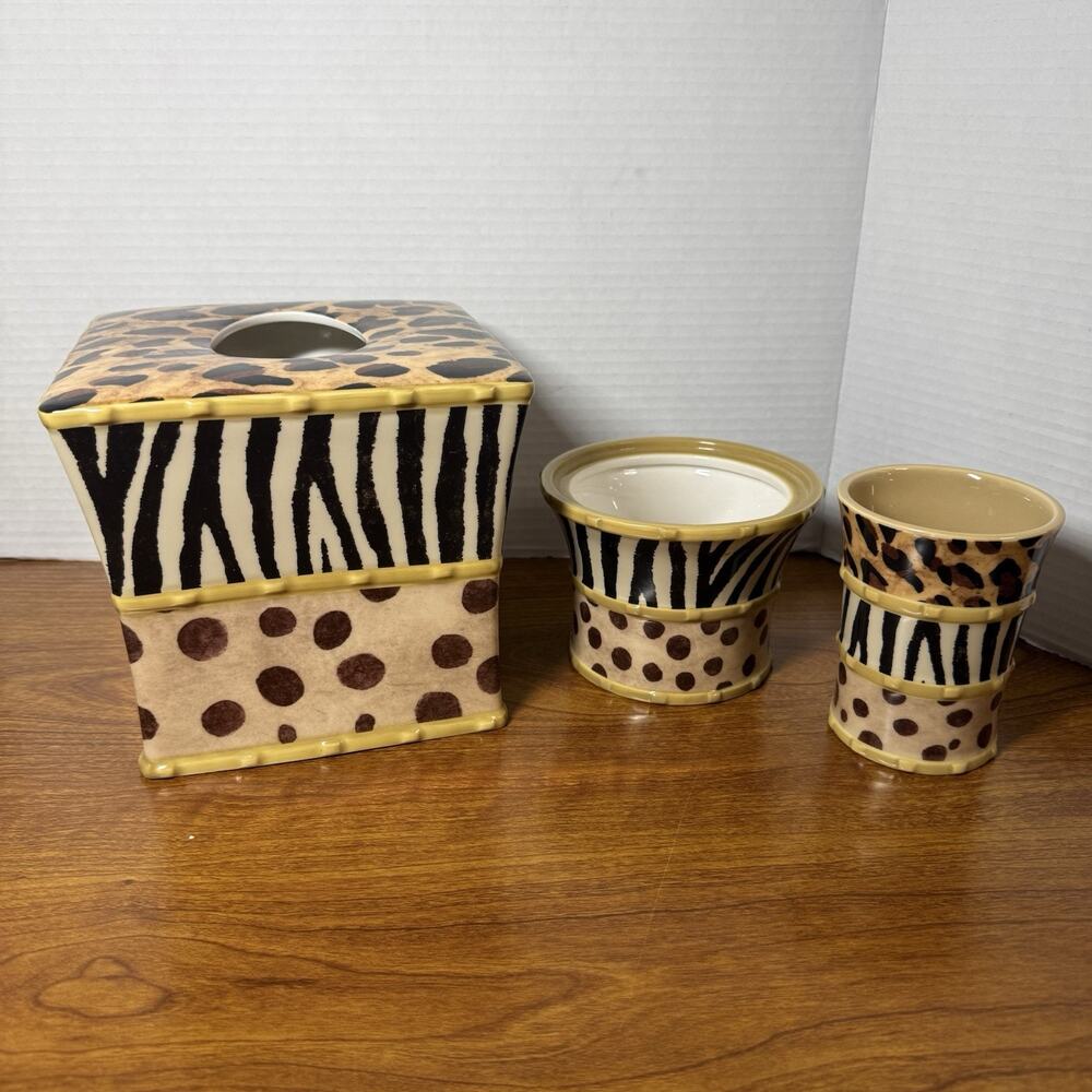 3pc Nairobi Leopard/ Animal Print Tissue Cover, Toothbrush & Cotton Holder